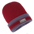 Bonnet d'hiver tricoté bordeaux et gris avec doublure polaire et écusson sport - Élastique 56-60cm / Rouge