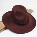 Detail of dark burgundy wide brim fedora hat with black ribbon and woven texture - One Size 58cm / Coffee