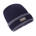 Winter knit beanie in navy and grey with folded cuff and sport fashion leather patch - Elastic 56-60cm / Blue