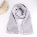 Winter light gray thick knit scarf with warm plush lining and ribbed edges shown on flat lay - Knit Fleece Wrapped Scarf / Light Gray (Double-sided)