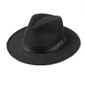 Men's breathable black straw fedora hat with mesh weave and leather buckle band - One Size 58cm / Black