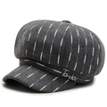 Classic dark grey wool newsboy cap with white stripes and rhinestone side metal letter - Adjustable 57-59cm / Gray