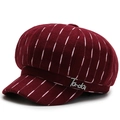 British style burgundy striped baker boy hat with Lucky rhinestone decoration - Adjustable 57-59cm / Burgundy