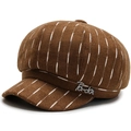 Brown wool newsboy hat with white vertical stripes and crystal letter accent - Adjustable 57-59cm / Dark Camel
