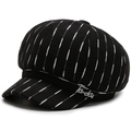 British style black newsboy cap with white stripes and sparkling LADY rhinestone accents - Adjustable 57-59cm / Black