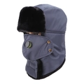 Winter bomber hat in navy blue with faux fur lining and detachable face mask for wind protection - One Size 58cm / Gray