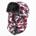 Detail of red camouflage trapper hat with grey faux fur lining and snap-on face mask - One Size 58cm / Camo Purple Red