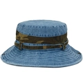 Blue washed denim outdoor sun hat with camouflage strap and wide brim for hiking - One Size 58cm / Sky Blue (Camo Band)