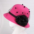 Detail of rose red wool felt hat featuring black lace veil and silk flower decoration - One Size / Rose Red With Mesh Flower