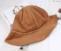 Brown corduroy bucket hat for women with trendy gold chain link decor on brim - Camel