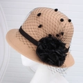 Detail of camel wool felt cloche hat featuring black mesh veil and fabric flower decoration - One Size / Camel With Mesh Flower