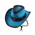 Detail of blue straw cowboy hat featuring floral embroidery and adjustable chin strap - One Size / Sky Blue