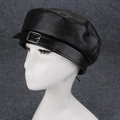 Classic black PU leather beret baker boy hat with a stylish silver buckle strap detail - One Size 57cm / Black (Beret)