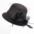 Detail of vintage wool felt cloche hat with black mesh veil, satin roses and feathers - One Size / Black With Mesh Bow