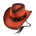 Dettaglio della fascia ricamata a fiori e logo di perline su cappello di paglia arancione - Taglia unica / Arancione