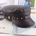 Detail of dark brown PU leather flat top cap featuring silver metal star studs on band - One Size 57-58cm / Star Decor Style (五星褐色) / Brown