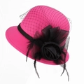Detail of fuchsia wool hat with black mesh veil, satin rose flower and feathers - One Size / Rose Red With Mesh Bow