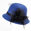 Elegant royal blue wool felt cloche hat with black mesh veil and rose flower detail - One Size / Royal Blue With Mesh Bow