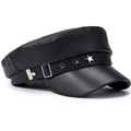 Detail of matte black leather newsboy cap featuring silver star rivets and metal buckle - One Size 57-58cm / Star Decor Style (五星黑色) / Black