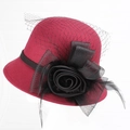 Elegant red wool cloche hat with black rose mesh veil and feather decoration for women - One Size / Wine Red With Mesh Bow