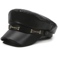 Detail of black faux leather baker boy hat featuring double gold chain and side buttons - One Size 57-58cm / Double Layer Gold Chain Style (链条黑色) / Black