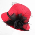 Classic red wool felt cloche hat with black mesh veil and rose feather embellishment - One Size / Bright Red With Mesh Bow