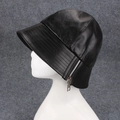 Close-up of black faux leather bucket hat featuring a stylish side zipper detail - One Size 57cm / Black (Bucket Hat)