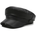 Detail of black leather baker boy hat with braided rope trim and side button accents - One Size 57-58cm / Braided Rope Full Leather Flat Top (双辫子全皮平顶) / Black