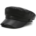 Detailed view of the glossy black PU leather baker boy hat with strap and side buttons - One Size 57-58cm / Regular Leather Flat Top (普通皮平顶黑色) / Black