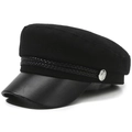 Detail of wool texture and leather brim on a black newsboy cap with braided rope and metal button - One Size 57-58cm / Braided Rope Woolen Flat Top (双辫子呢子平顶) / Black