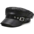 Detail shot of black leather flat top cap with silver metal buckle and side eyelets - One Size 57-58cm / Metal Buckle Flat Top Style (大扣平顶) / Black