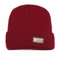 Detail of burgundy ribbed knit winter beanie featuring a brown sport fashion leather patch - One Size(Stretchy) / Sport Fashion Patch / Solid Wine Red