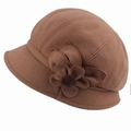 Women's winter wool cloche hat in dark brown with elegant floral and fur ball accents - Adjustable 57-59cm / Camel