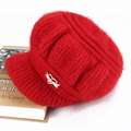 Winter knitted beret hat for women featuring a gold rhinestone bow on a red textured fabric - One Size (Elastic 56-59cm) / Red
