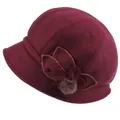 Winter wool cloche hat in wine red with fabric flower and plush ball decoration - Adjustable 57-59cm / Burgundy