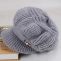 Winter knitted visor hat for women in dark grey featuring a plush texture and gold buckle - One Size (Elastic 56-59cm) / Gray