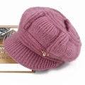 Women's knitted winter peak cap in deep pink with plush texture and bow detail - One Size (Elastic 56-59cm) / Dusky Pink