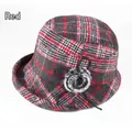Detail of red plaid winter hat featuring a side bow and plush pom-pom accent - Adjustable 57-58cm / Red