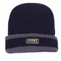 Navy blue winter beanie with striped cuff and Sport Fashion patch for men - One Size(Stretchy) / Sport Fashion Patch / Striped Blue