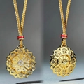 Exquisite gold floral filigree pendant with red enamel ring and gold woven chain necklace - Gold Hollow Lotus Pendant (XL299-T)