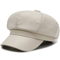Chic cream white PU leather newsboy cap with flat brim and decorative top button - One Size 57-58cm / Octagonal Beige