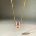 Luxurious 925 silver gold-plated cylinder necklace with red and white gemstones - Red and White Inlaid Pendant / Red Corundum Necklace (XL352)