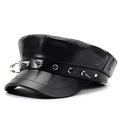 Chic black leather rivet beret with silver metal spikes and ring in punk rock style - One Size 57-58cm / Large Buckle Rivet Style (大扣带铆钉黑色) / Black