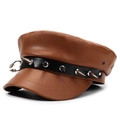 Brown leather baker boy cap with punk style silver spike studs and flat top detail - One Size 57-58cm / Large Buckle Rivet Style (大扣带铆钉咖啡) / Coffee