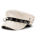 Chic beige PU leather flat top military hat with silver punk rivets and metal charms - One Size 57-58cm / Large Buckle Rivet Style (大扣带铆钉米色) / Beige