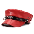 Red leather military cap with black studded strap and silver metal punk hardware details - One Size 57-58cm / Large Buckle Rivet Style (大扣带铆钉大红) / Red
