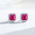 Elegant S925 silver halo stud earrings with emerald-cut red ruby-colored stones - 925 Silver / Red Corundum Color (ED234)