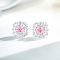 Pendientes de plata 925 con circón rosa cuadrado y diseño de halo floral resplandeciente - Plata 925 / Rosa Diamante