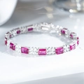 Bracciale in argento 925 con pietre rosa taglio smeraldo e fiori di diamante - Corindone Rosso-SL049 / 16cm