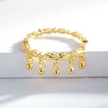 Detailed view of wave-textured 24K gold-plated S925 silver ring with five small dangling beads - US 5 / Gold (CBJZ554)